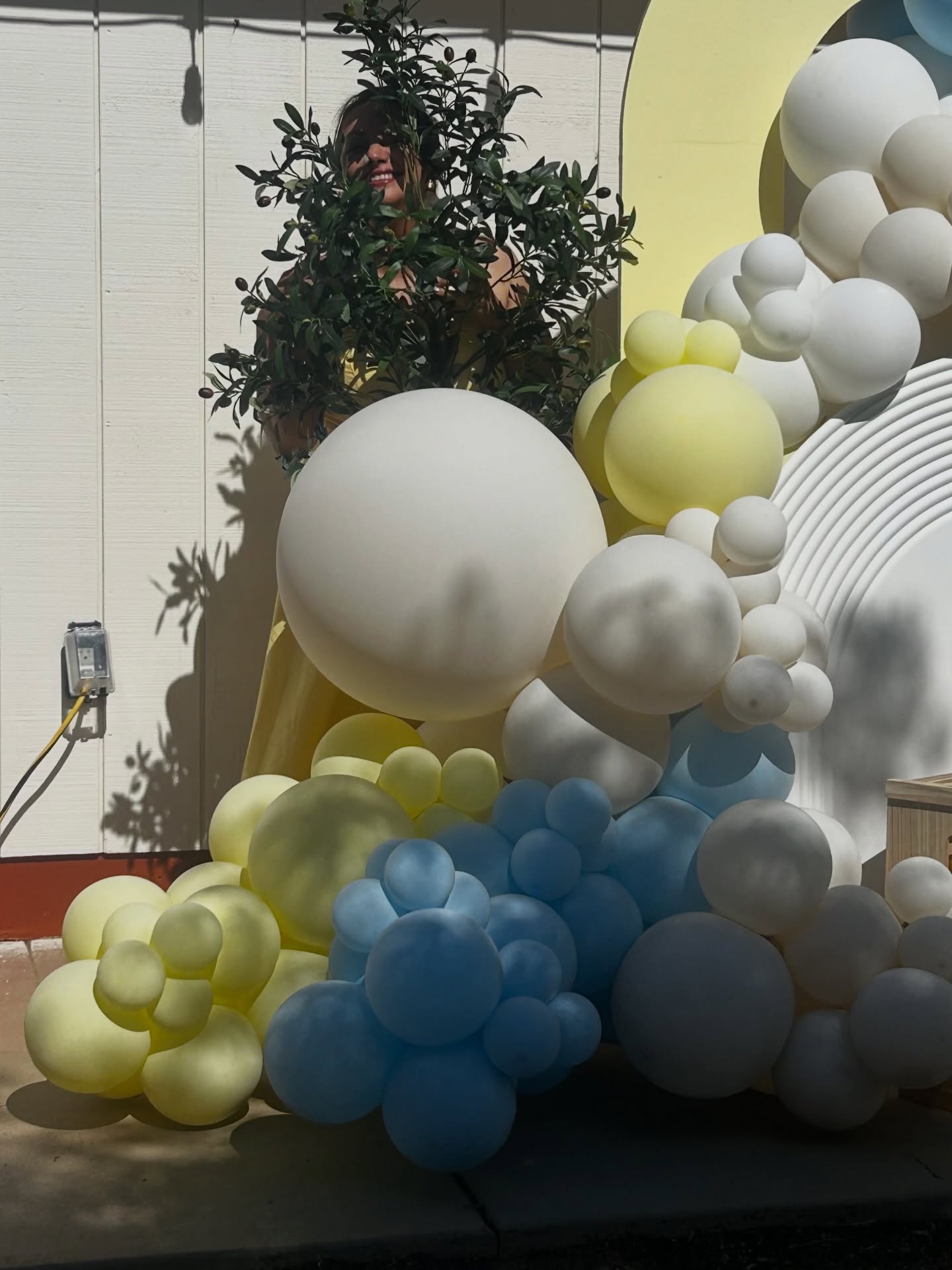 White, butter and sky blue balloons clustered against a pale arch